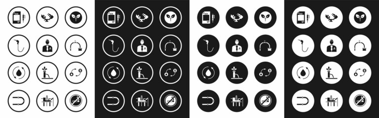 Set Bio fuel, Businessman or stock market trader, Gasoline pump nozzle, Contract money and pen, Industry pipe valve, Wrecked oil tanker ship, Oil exchange and drop icon. Vector