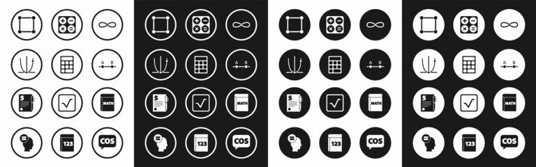 Set Infinity, Calculator, Graph, schedule, chart, diagram, Geometric figure Square, Book with word mathematics and Test exam sheet and pen icon. Vector