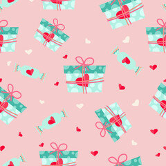 Seamless pastel pink pattern with gift boxes and sweets with red hearts for valentine happy day greetings and wrapping paper or textile. Romance repeated background for craft and wallpaper.