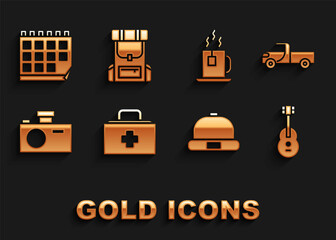 Set First aid kit, Pickup truck, Guitar, Beanie hat, Photo camera, Cup of tea with tea bag, Calendar and Hiking backpack icon. Vector