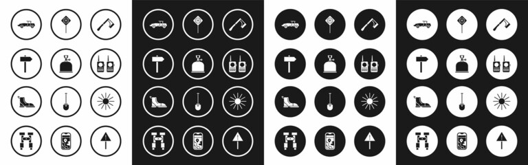 Set Wooden axe, Camping gas stove, Road traffic signpost, Car, Walkie talkie, Parking, Sun and Hiking boot icon. Vector