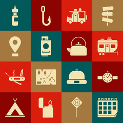 Set Calendar, Wrist watch, Rv Camping trailer, Passport with ticket, Location, Bottle of water and Kettle handle icon. Vector
