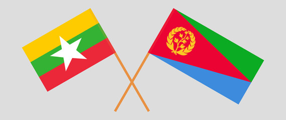 Crossed flags of Myanmar and Eritrea. Official colors. Correct proportion