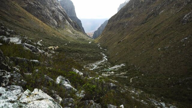 a canyon in the Paron lagoon, Huaras with river and rocky mountains and green