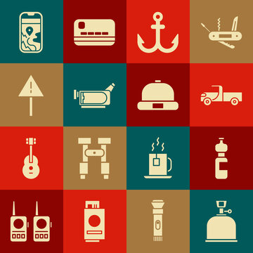 Set Camping gas stove, Bottle of water, Pickup truck, Anchor, Cinema camera, Exclamation mark triangle, City map navigation and Beanie hat icon. Vector