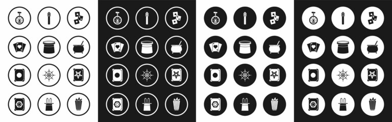 Set Game dice, Magician hat, Playing cards, Unicycle or one wheel bicycle, Witch cauldron, staff, Ancient magic book and icon. Vector