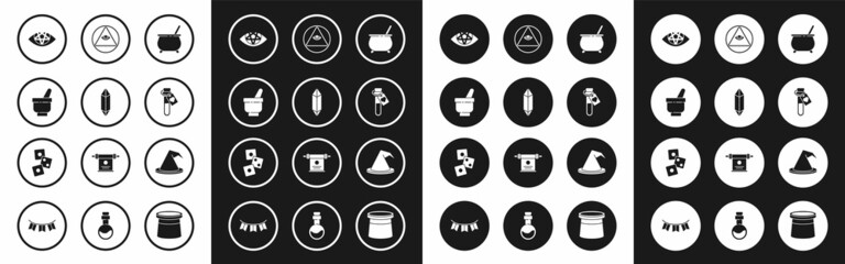 Set Witch cauldron, Magic stone, mortar and pestle, Pentagram, Bottle with love potion, Masons, hat and Game dice icon. Vector