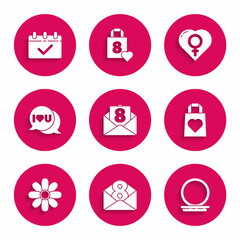 Set Envelope with 8 March, Makeup powder mirror, Shopping bag heart, Flower, Speech bubble I love you, Female gender and Calendar icon. Vector