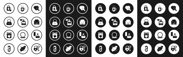 Set Heart and cursor click, Perfume, Handbag, Shopping with heart, Online dating app chat, Coffee cup 8 March, Diamond engagement ring and Gift box icon. Vector