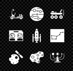 Set Mars rover, Planet, Satellites orbiting the planet Earth, Asteroid, Solar system, Celestial map of night sky and Space shuttle and rockets icon. Vector