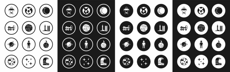 Set Moon, Planet Mars, rover, UFO abducts cow, Rocket launch from the spaceport, Earth globe, with flag and Satellites orbiting planet icon. Vector