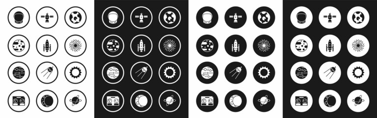 Set Earth globe, Space shuttle and rockets, Planet Mars, Astronaut helmet, Black hole, Satellite, Sun and icon. Vector