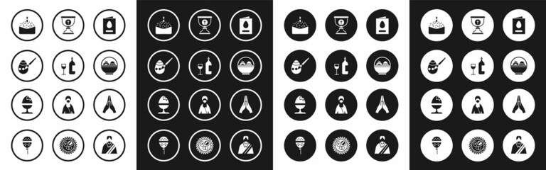 Set Greeting card with Happy Easter, Wine bottle glass, egg and paint brush, cake candle, Basket easter eggs, Christian chalice, Hands praying position and Chicken stand icon. Vector