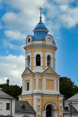 View of a modern Christian church with a blue roof