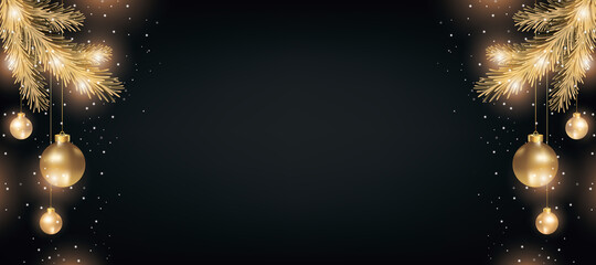 Merry Christmas and New Year Holiday Banner, border, frame, greeting card. Black Christmas background with golden ornaments,balls,baubles and gold fir branches. Holy Night. New Year Eve