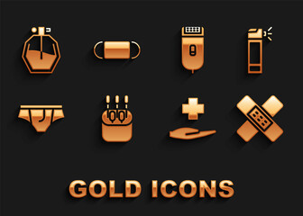 Set Cotton swab for ears, Bottle with nozzle spray, Crossed bandage plaster, hospital medical, Underwear, Electrical hair clipper shaver, Perfume and Medical protective mask icon. Vector