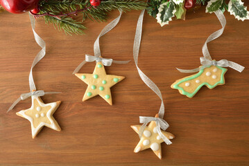 christmas cookie hanging christmas decoration wooden background
