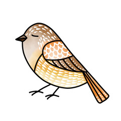 Little cute Bird. Vector illustration of Sparrow on white isolated background in Cartoon style. Watercolor imitation with black line. Hand painted sketch for icon or logo