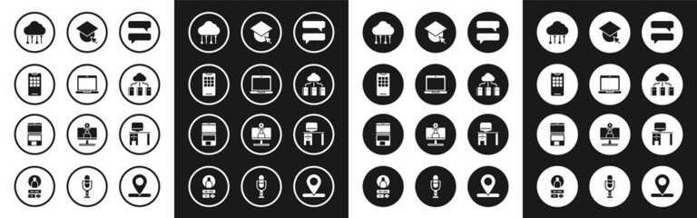 Set Speech bubble chat, Laptop, Mobile phone, Network cloud connection, Cloud online library, Graduation cap globe, Computer monitor and desk and icon. Vector
