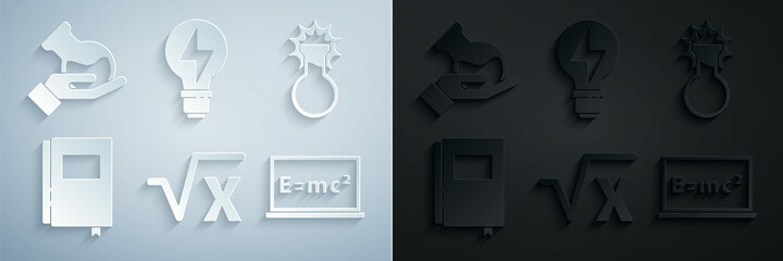 Set Square root of x glyph, Test tube and flask, Book, Equation solution, Light bulb with lightning and icon. Vector