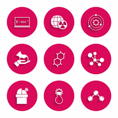 Set Chemical formula, Test tube and flask, Molecule, Astronomical observatory, Solar system and Equation solution icon. Vector