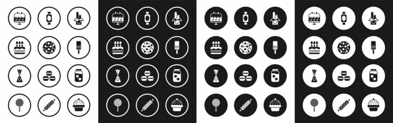 Set Chocolate bar, Cookie or biscuit, Cake with burning candles, on plate, Ice cream, Candy, Strawberry jam jar and icon. Vector