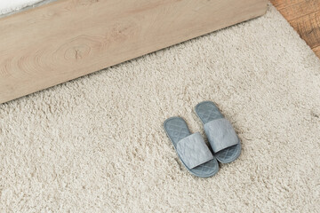 high angle view of grey slippers on beige carpet.