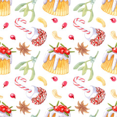 Hand drawn vector christmas seamless pattern with cake, mistletoe, star anise nuts and berries. isolated on white background.