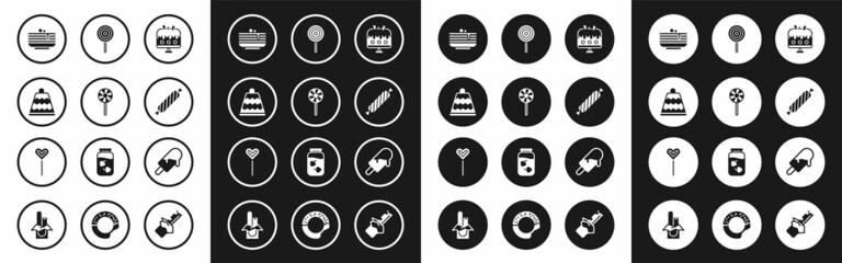 Set Cake on plate, Lollipop, Stack of pancakes, Candy, Ice cream and icon. Vector