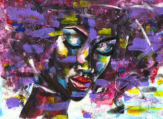 Portrait of african woman drawn with acrylic on canvas. Black lives matter. African woman with pink hair portrait in street style. Modern art painting