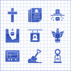 Set Signboard tombstone, Shovel in the ground, Location grave, Christmas angel, Beat dead monitor, Coffin, Grave with coffin and Christian cross icon. Vector