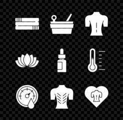 Set Towel stack, Sauna bucket and ladle, Massage, thermometer, Lotus flower and Essential oil bottle icon. Vector