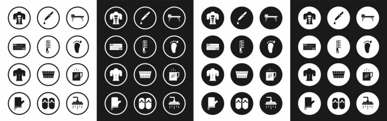 Set Massage table, Hairbrush, Towel stack, stone therapy, Foot massage, Pipette, Cup of tea and leaf and icon. Vector