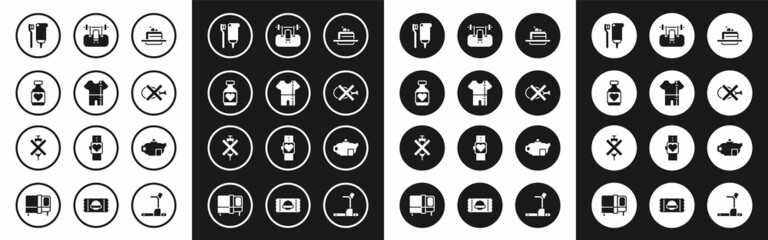 Set Cake, Sport track suit, Vitamin pill, Toothbrush and toothpaste, No meat, Bench with barbel, Teapot cup and doping syringe icon. Vector