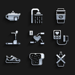 Set Attention to health heart, Bread toast, No alcohol, Blood pressure, Sport sneakers, Treadmill machine, Coffee cup go and Teapot with icon. Vector