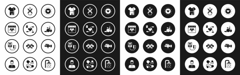 Set Sun, Attention to health heart, Heart rate, Sport track suit, Fruit, No alcohol, Fish and Blood pressure icon. Vector