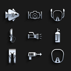 Set Flashlight, Fishing harpoon, Diving mask, Aqualung, Wetsuit, Knife, and icon. Vector