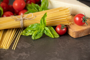 spaghetti on a dark background, cheese, tomatoes, and basil