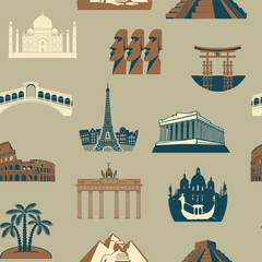 Vector seamless pattern with various world sights. Retro style repeating background on a travel theme with simple icons of architectural landmarks. Suitable for wallpaper, wrapping paper, fabric