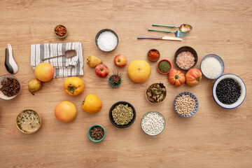 Still life with fruits and condiments to prepare Mediterranean food recipes