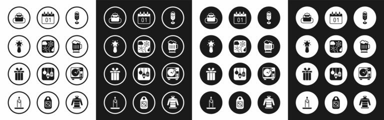 Set Glass of champagne, Firework rocket, Christmas star, Cake, Wooden beer mug, Calendar, Vinyl player with vinyl disk and Gift box icon. Vector
