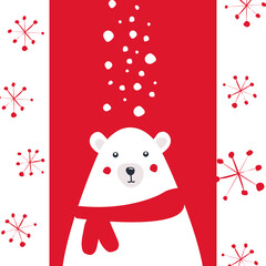 Winter new year christmas postcards. Cute polar bear character with scarf. Snowflakes. Vector background