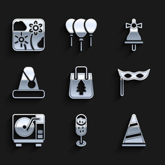 Set Christmas shopping bag, Glass of champagne, Party hat, Festive mask, Vinyl player with vinyl disk, Santa Claus, Merry ringing bell and Firework rocket icon. Vector