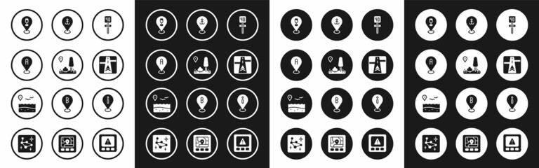 Set Road traffic sign, City map navigation, Location, Alcohol or beer bar location, Gps device with, anchor, information and beach icon. Vector