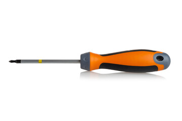 Construction screwdriver for repair, cross for screws, self-tapping screws, isolated on a white background, close-up