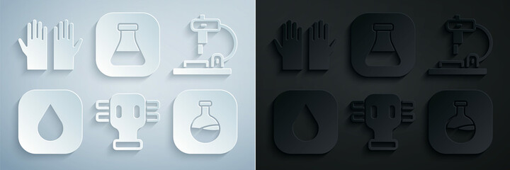 Set Gas mask, Microscope, Water drop, Test tube and flask, and Medical rubber gloves icon. Vector