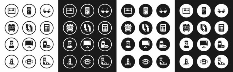 Set Eyeglasses, Socks, Antique treasure chest, Pendulum, Calculator, Computer, Burger and Nerd geek icon. Vector