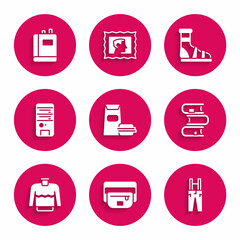 Set Burger, Waist bag of banana, Pants with suspenders, Book, Sweater, Computer, Slippers socks and icon. Vector