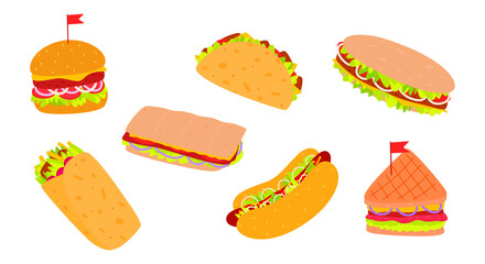 Flat vector cartoon set of street food. Burger, various sandwiches, hot dog, quesadilla, burrito. Isolated fast food on a white background.