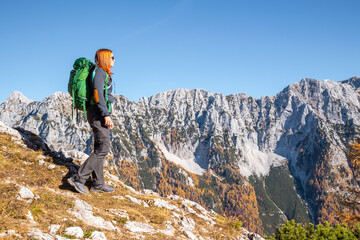 Woman walking in mountains with golden larch trees in autumn.